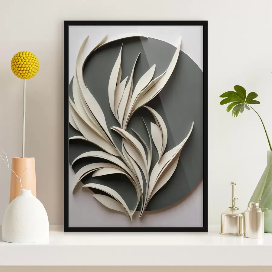 Fotobehang Abstracte bladeren tegen een groene achtergrond, met gelaagde texturen en schaduwen f50975