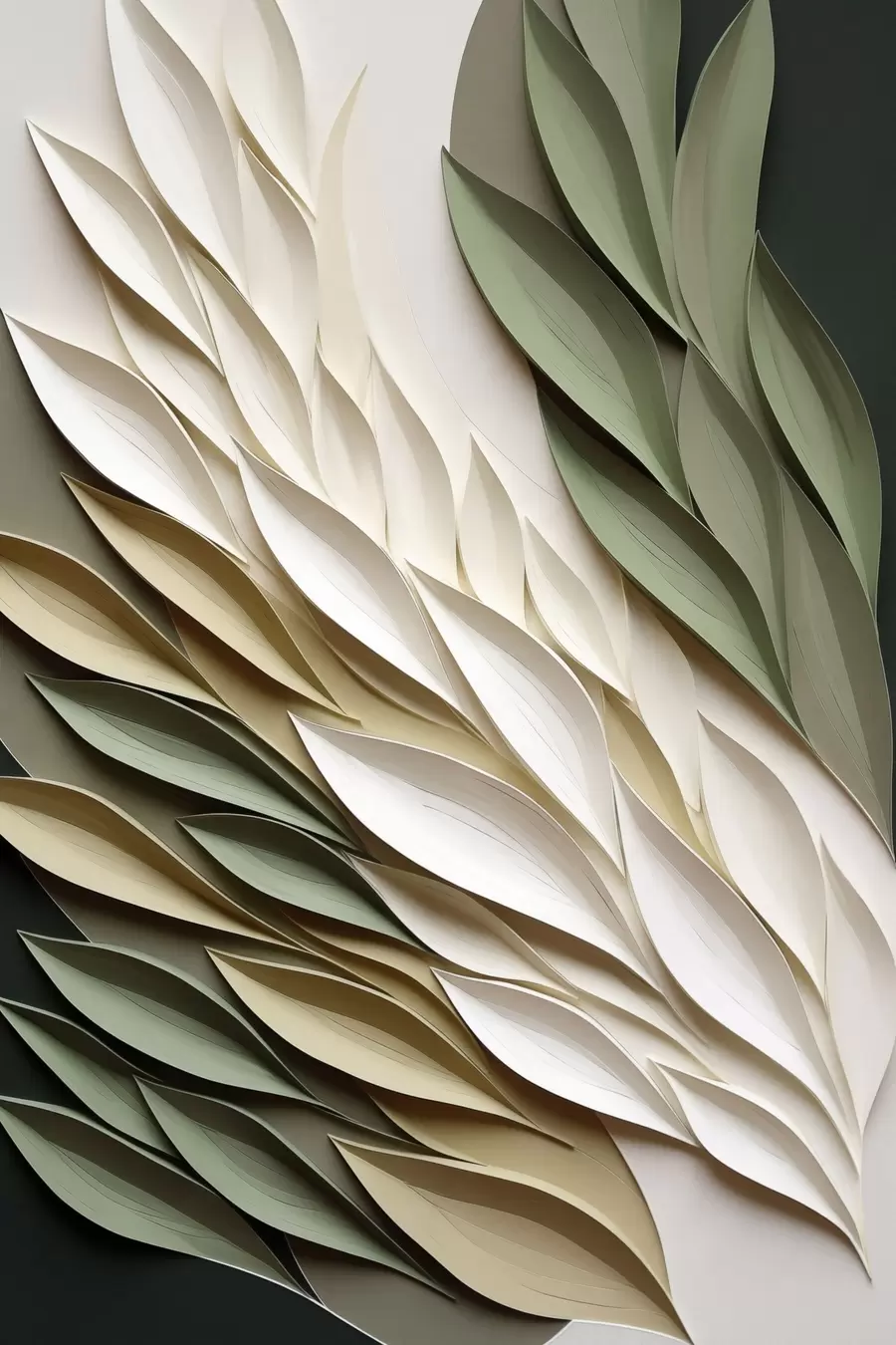 Fotobehang Abstracte bladeren tegen een groene achtergrond, met gelaagde texturen en schaduwen f50976