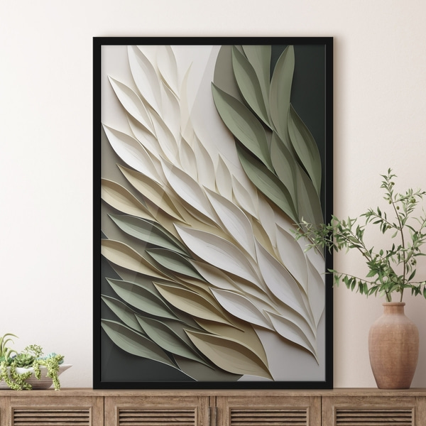 Poster Abstracte bladeren tegen een groene achtergrond, met gelaagde texturen en schaduwen, Posters Natuur, f50976bk : Uwalls