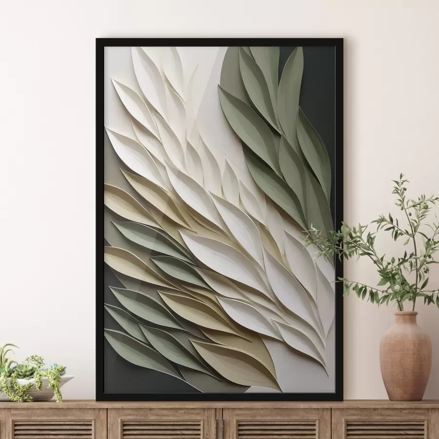 Fotobehang Abstracte bladeren tegen een groene achtergrond, met gelaagde texturen en schaduwen f50976