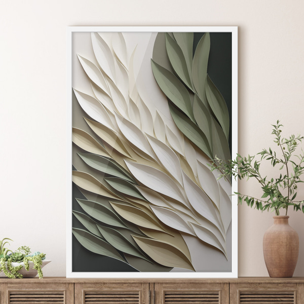 Poster Abstracte bladeren tegen een groene achtergrond, met gelaagde texturen en schaduwen, Posters Natuur, f50976wh : Uwalls