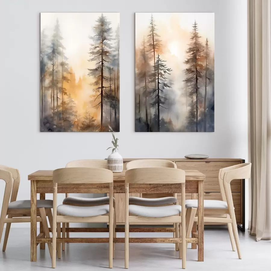  Schilderijen Hoge dennenbomen, boslandschap met warm oranje licht m31046