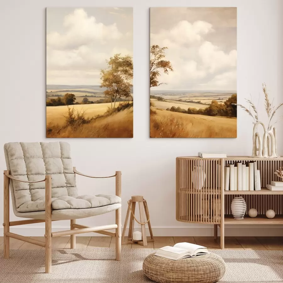 Fotobehang Landschap met reliëf, glooiende heuvels en velden, herfstbladeren, schilderachtige stijl m31049