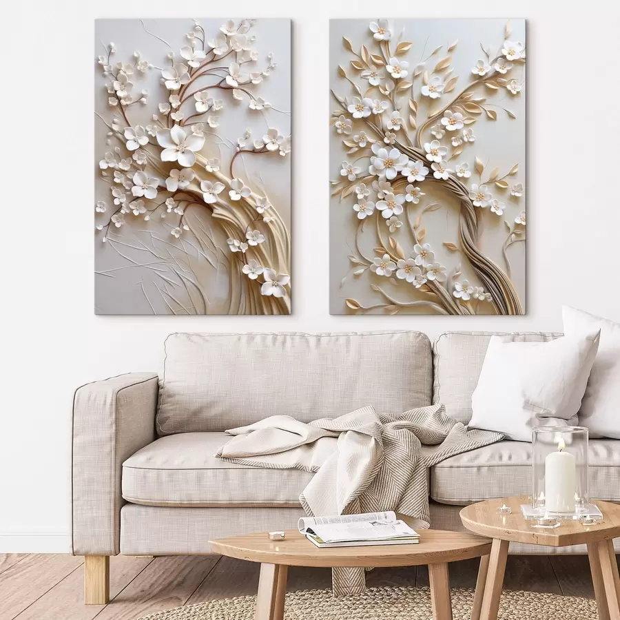 Fotobehang Boom met witte bloemen en bruine stengels, lichtbeige achtergrond met gestructureerde krullen m31052