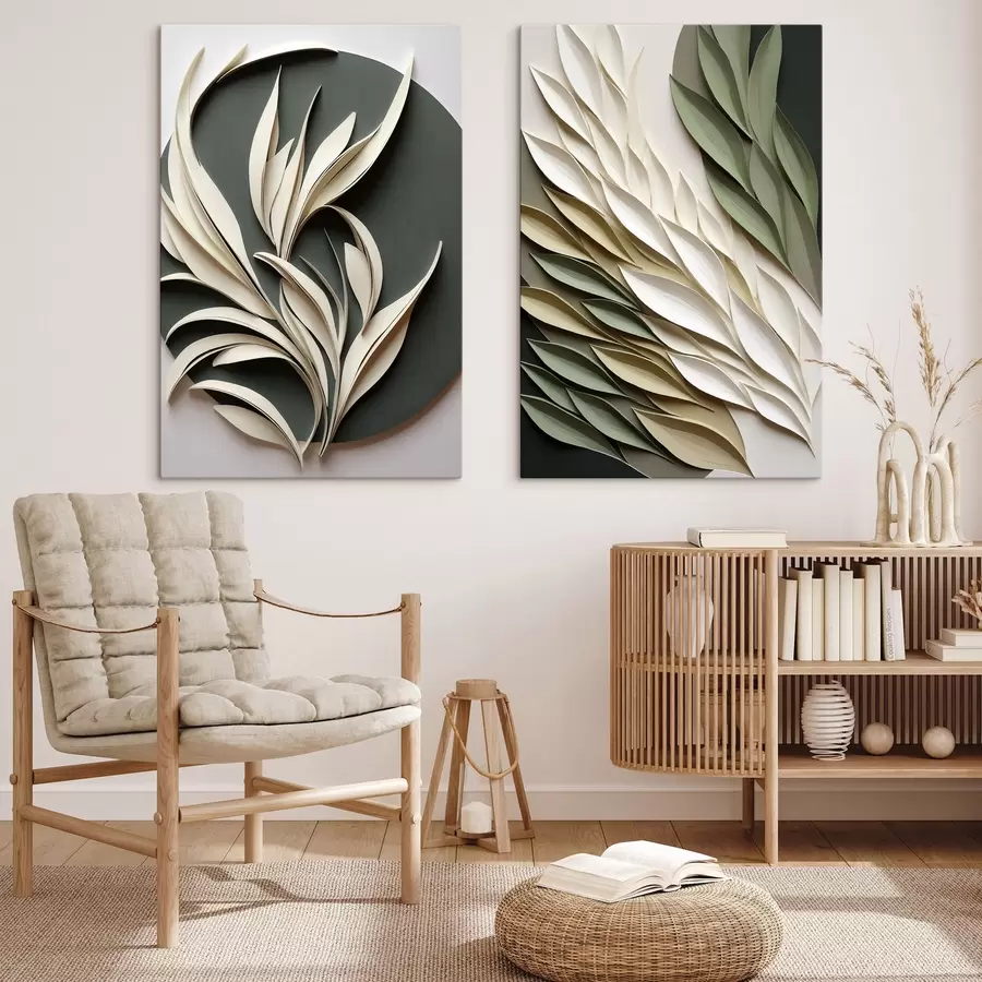 Fotobehang Abstracte bladeren tegen een groene achtergrond, met gelaagde texturen en schaduwen m31054