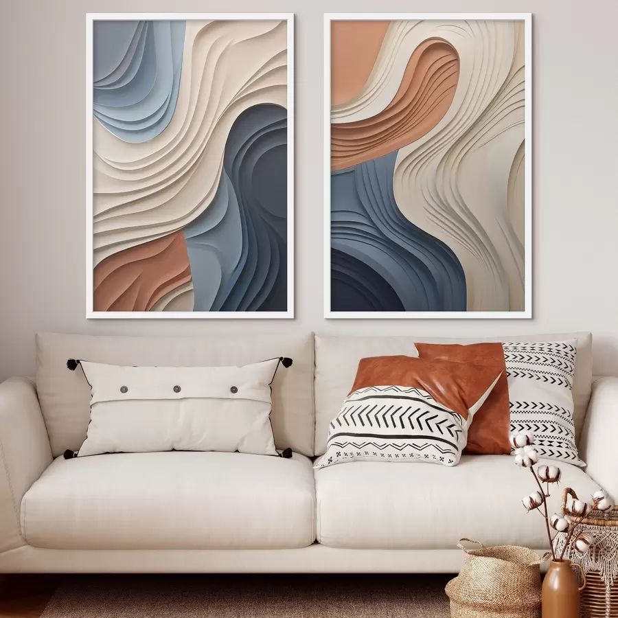 Fotobehang Abstracte, golvende lagen in crème, blauw en oranje, moderne kunst met textuur d31041