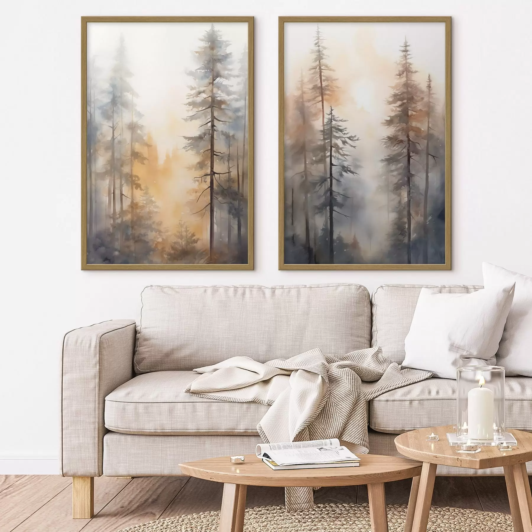 Fotobehang Hoge dennenbomen, boslandschap met warm oranje licht d31046