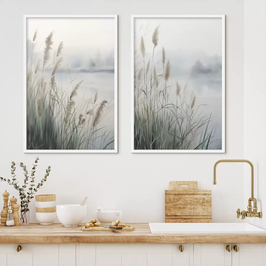 Fotobehang Hoog, pluizig pampasgras, een landschap met een mistige textuur d31048