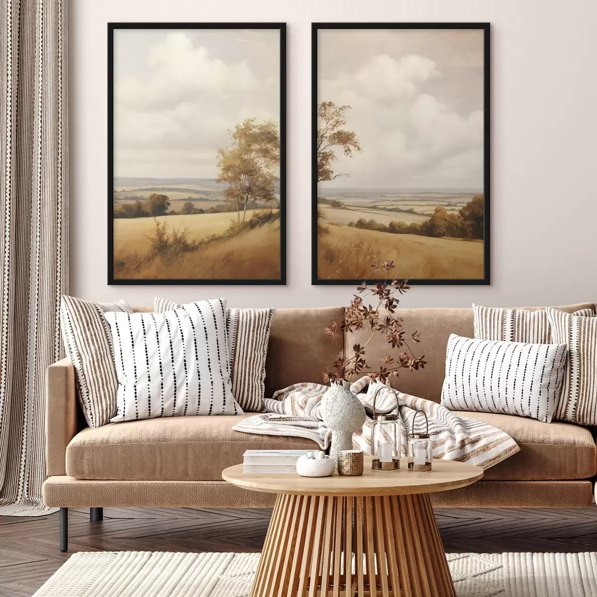 Poster Landschap met reliëf, glooiende heuvels en velden, herfstbladeren, schilderachtige stijl d31049
