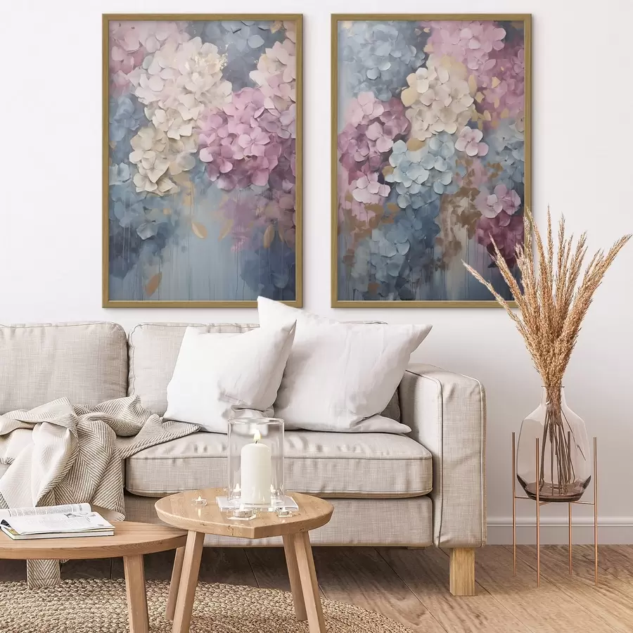 Fotobehang Hortensia’s in roze, crèmekleurige en blauwe tinten, met bloemblaadjes met een structuur, abstracte kunst d31050