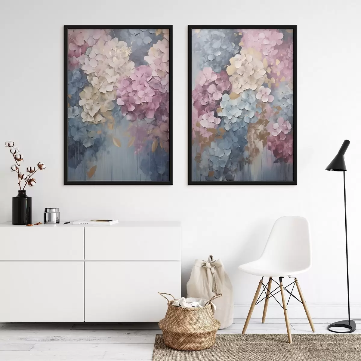 Poster Hortensia’s in roze, crèmekleurige en blauwe tinten, met bloemblaadjes met een structuur, abstracte kunst d31050