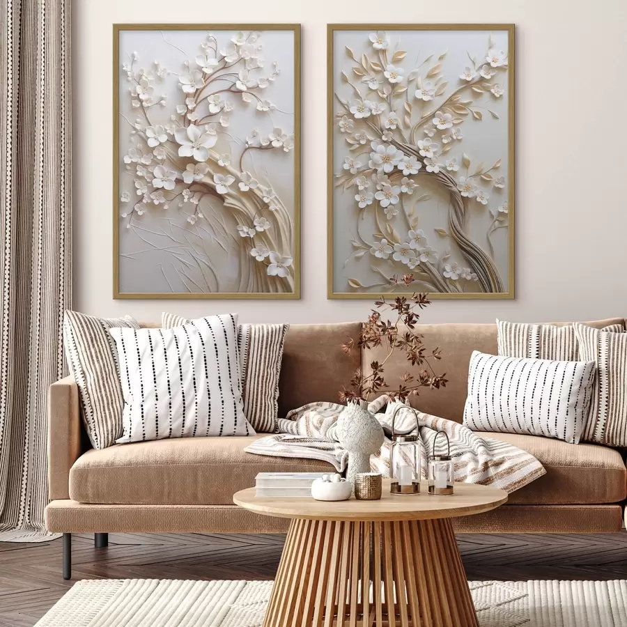 Fotobehang Boom met witte bloemen en bruine stengels, lichtbeige achtergrond met gestructureerde krullen d31052