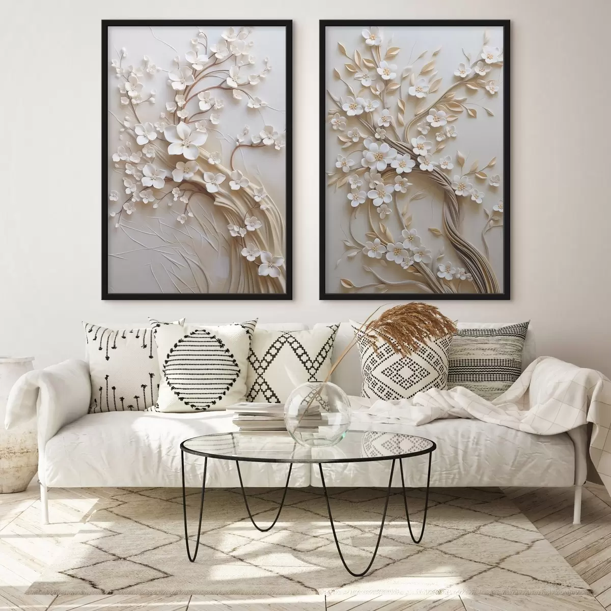 Poster Boom met witte bloemen en bruine stengels, lichtbeige achtergrond met gestructureerde krullen d31052