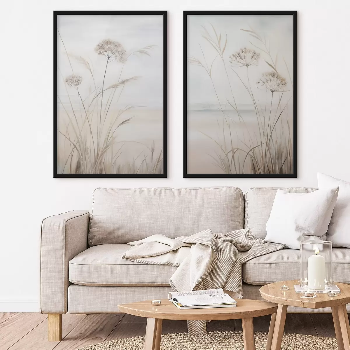 Poster Hoog, droog gras en bloemen in ingetogen beige- en wittinten, met een zachte, wazige achtergrond d31053