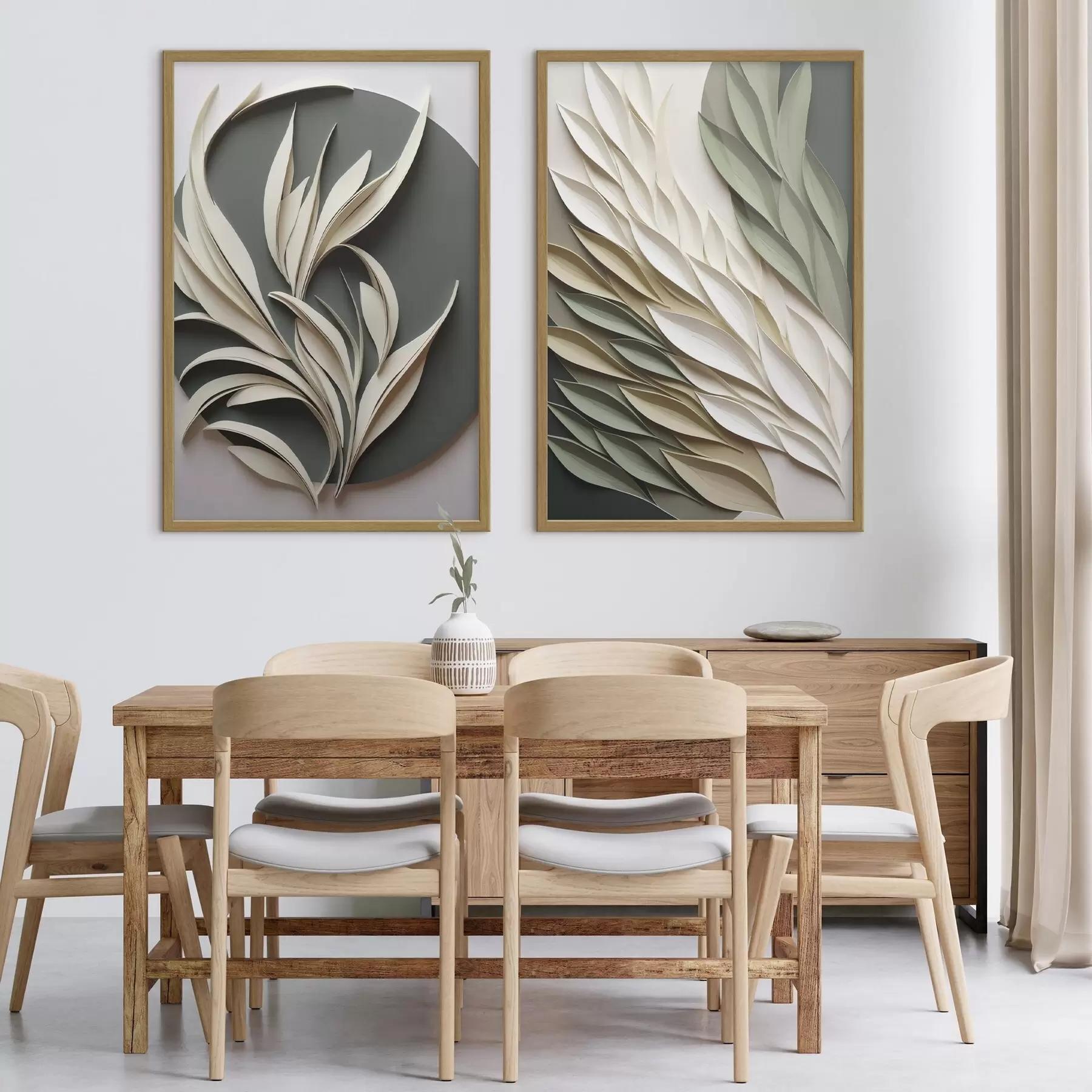 Fotobehang Abstracte bladeren tegen een groene achtergrond, met gelaagde texturen en schaduwen d31054