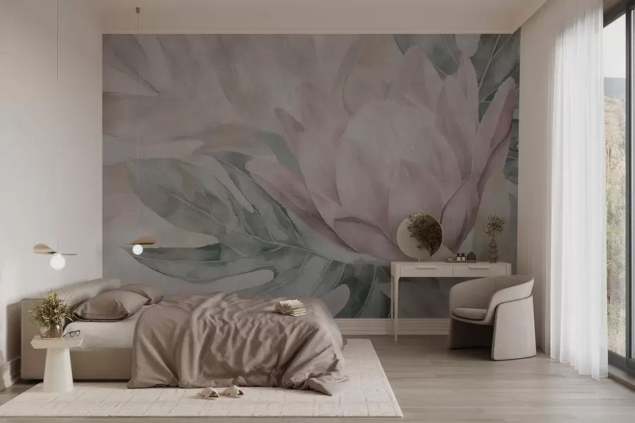 Fotobehang Protea en tropische bladeren w09988