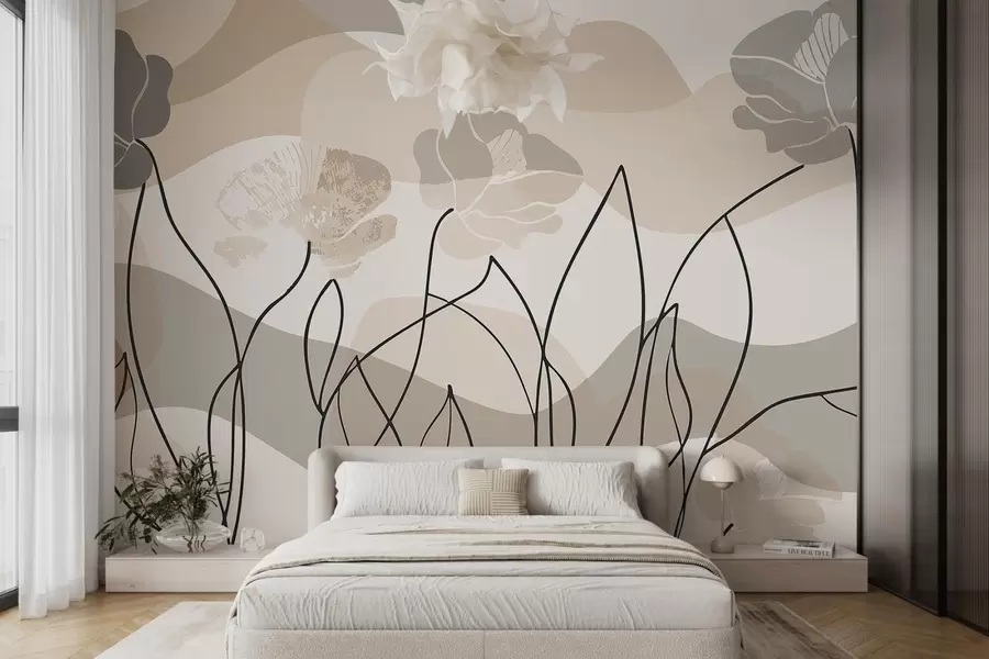 Fotobehang Beige abstractie met contourbloemen w09989
