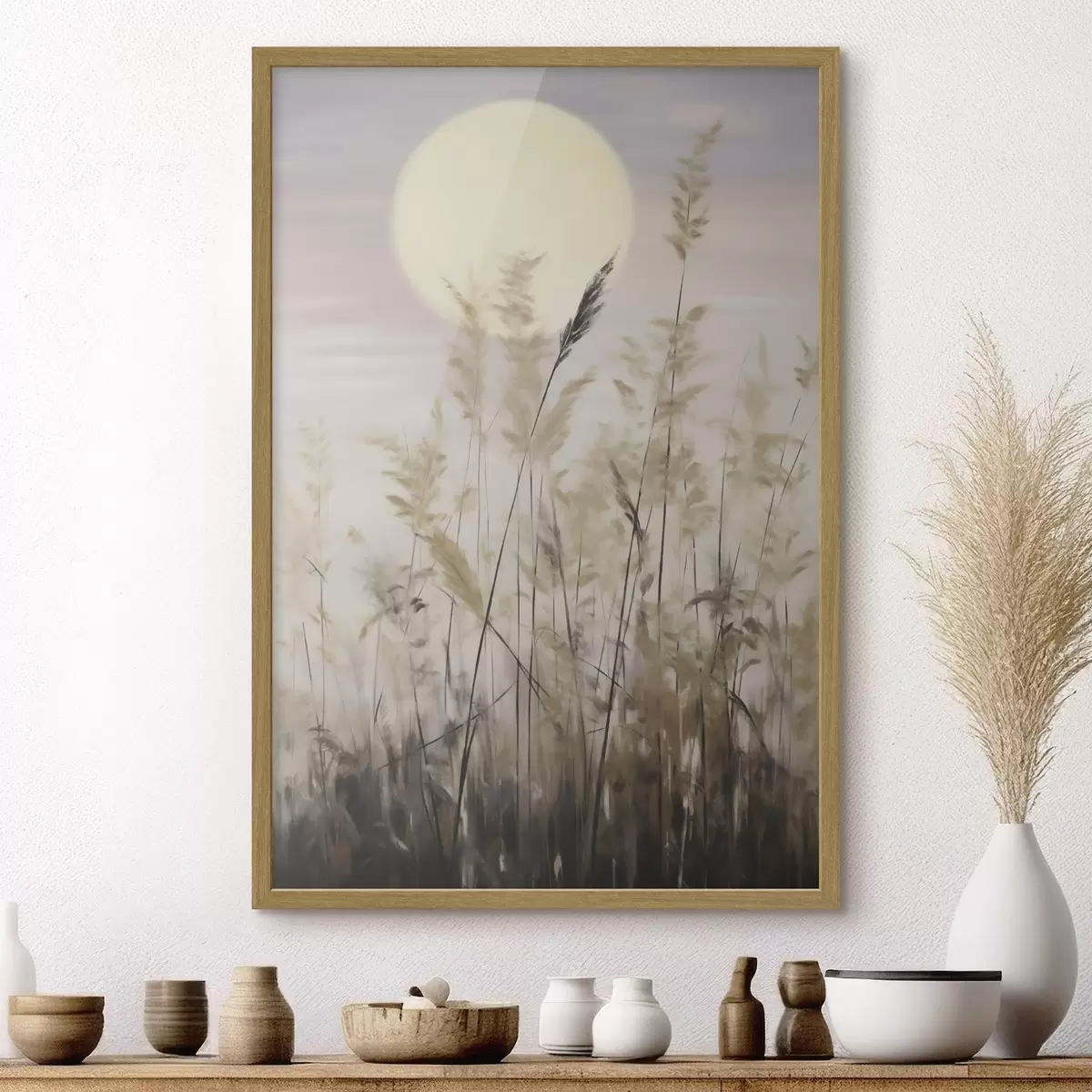 Poster Abstracte grassen tegen de achtergrond van de maan, een imitatie van een schilderij f50985