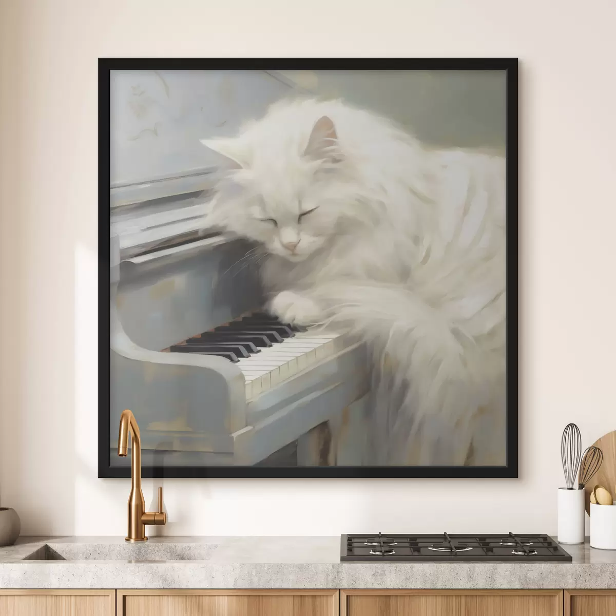 Poster Kat die op pianotoetsen slaapt, schilderijreproductie f50990