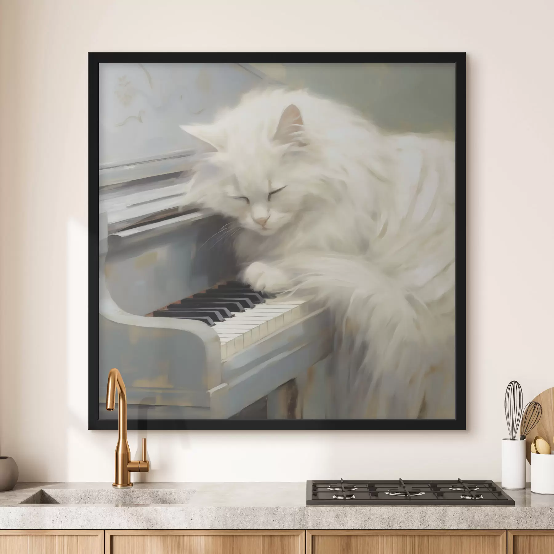 Fotobehang Kat die op pianotoetsen slaapt, schilderijreproductie f50990