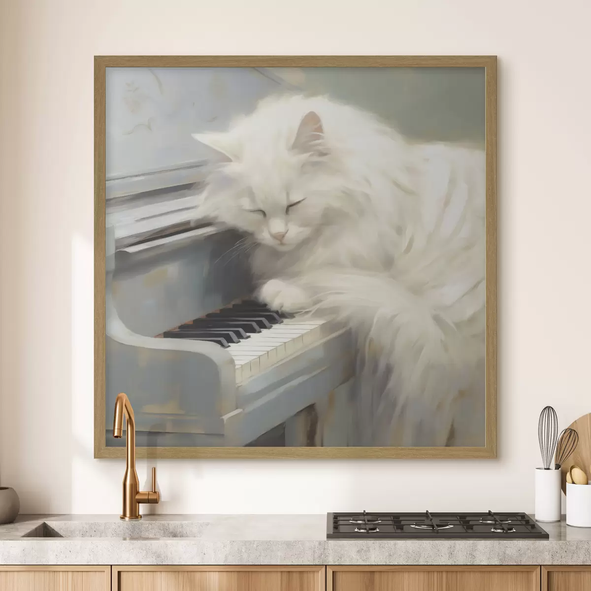 Poster Kat die op pianotoetsen slaapt, schilderijreproductie f50990