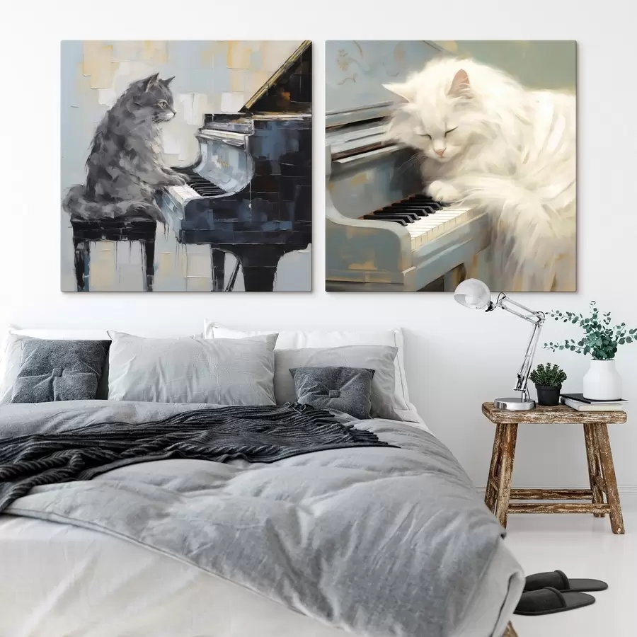 Fotobehang Kat en piano, imitatieschilderij m31064