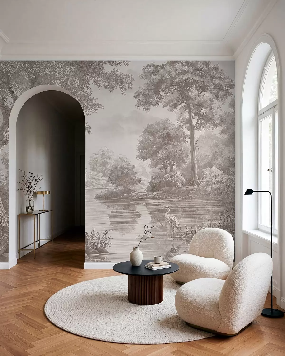 Fotobehang Monochroom boslandschap met een meer en een reiger w05805