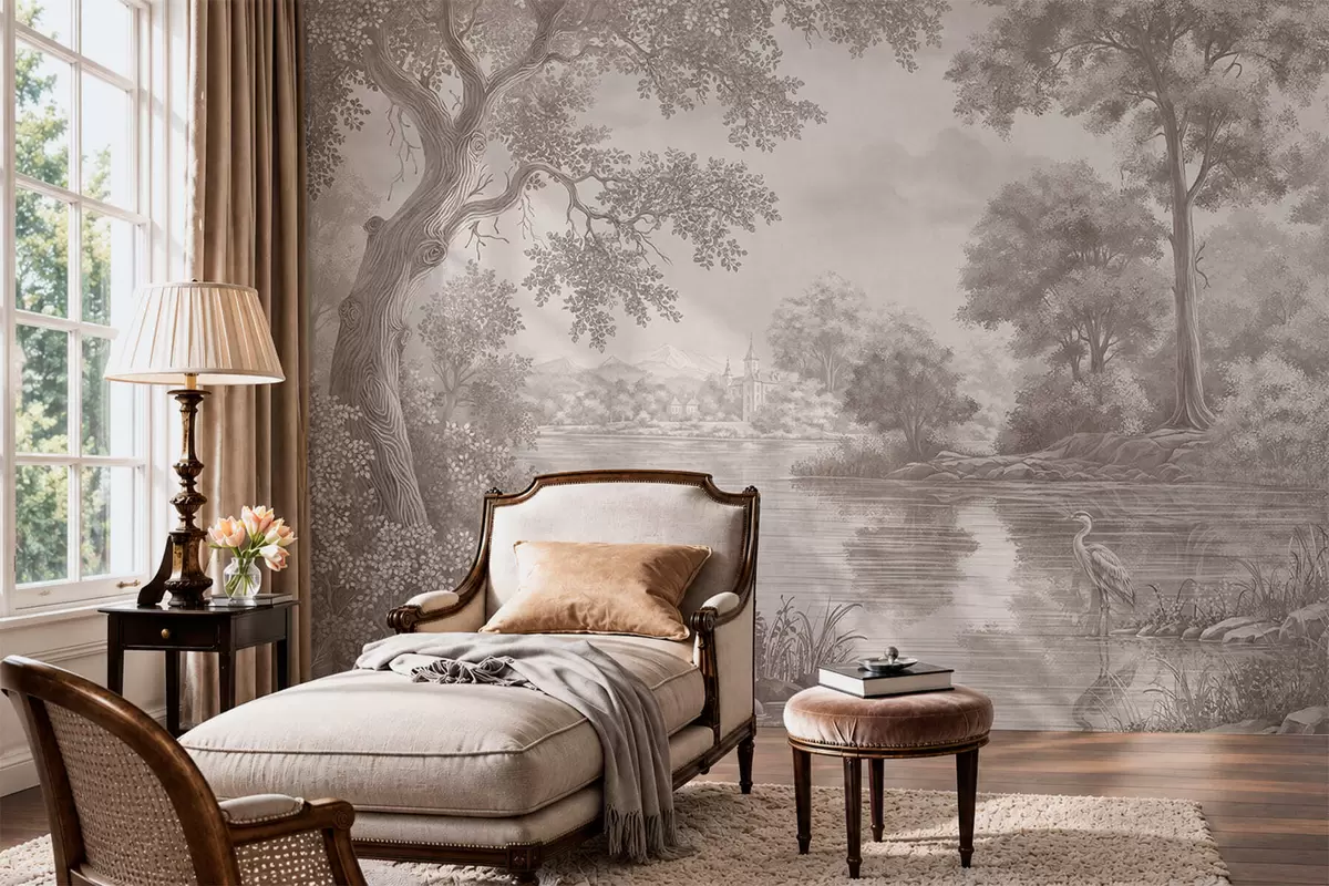 Fotobehang Monochroom boslandschap met een meer en een reiger w05805