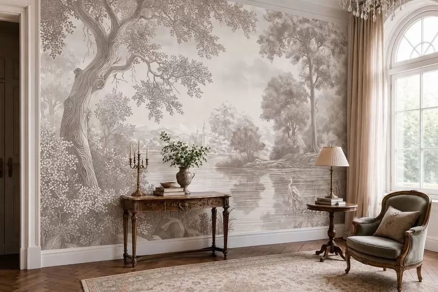 Fotobehang Monochroom boslandschap met een meer en een reiger w05805