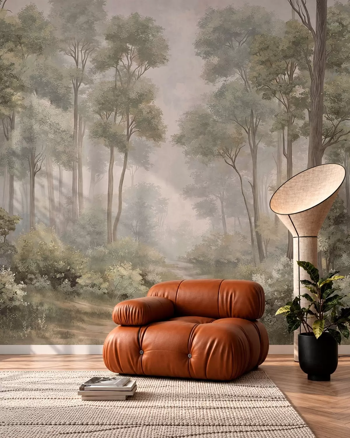 Fotobehang Een mistig bos met een pad tussen de bomen en struiken w05889v2