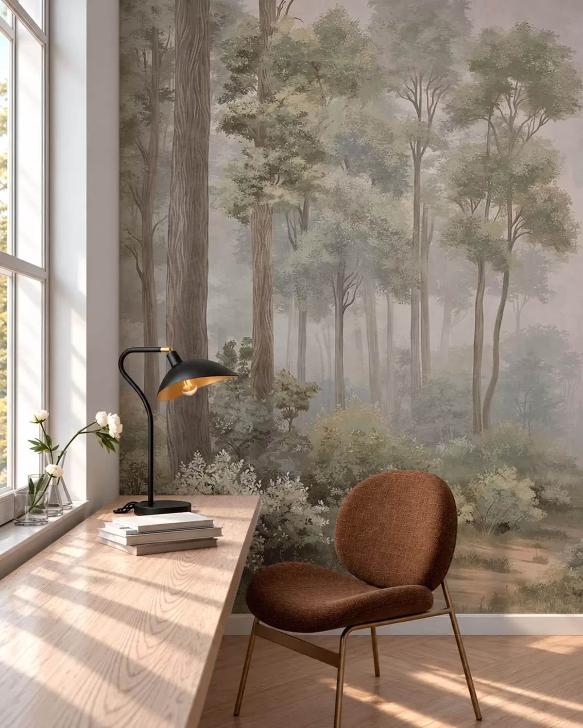 Fotobehang Een mistig bos met een pad tussen de bomen en struiken w05889v2