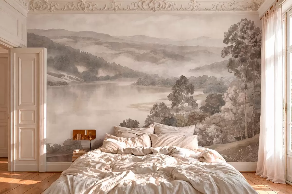 Fotobehang Een rustig meer te midden van mistige heuvels en bossen w05928
