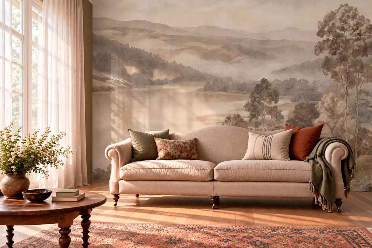 Fotobehang Een meer te midden van beboste bergen in warme pasteltinten w05928v1