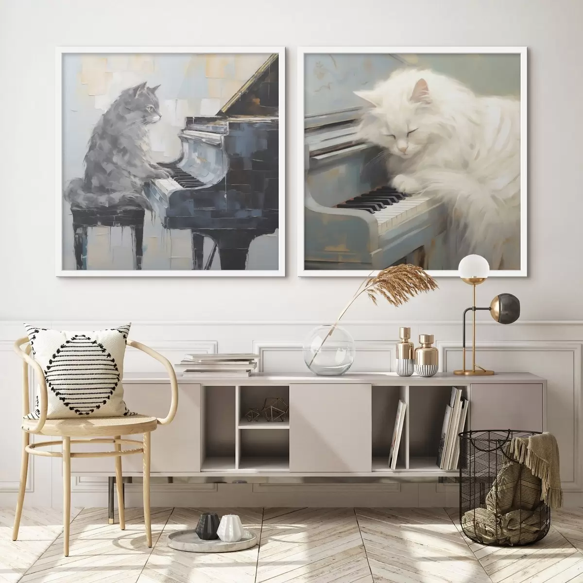 Poster Kat en piano, imitatieschilderij d31064