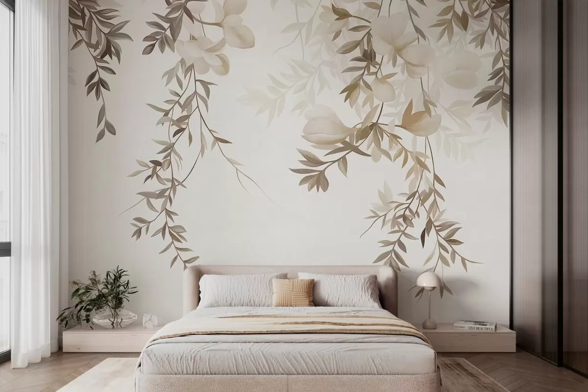 Fotobehang Hangende wilgentakken en zacht bloeiende bloemen in ingetogen beige tinten w10081