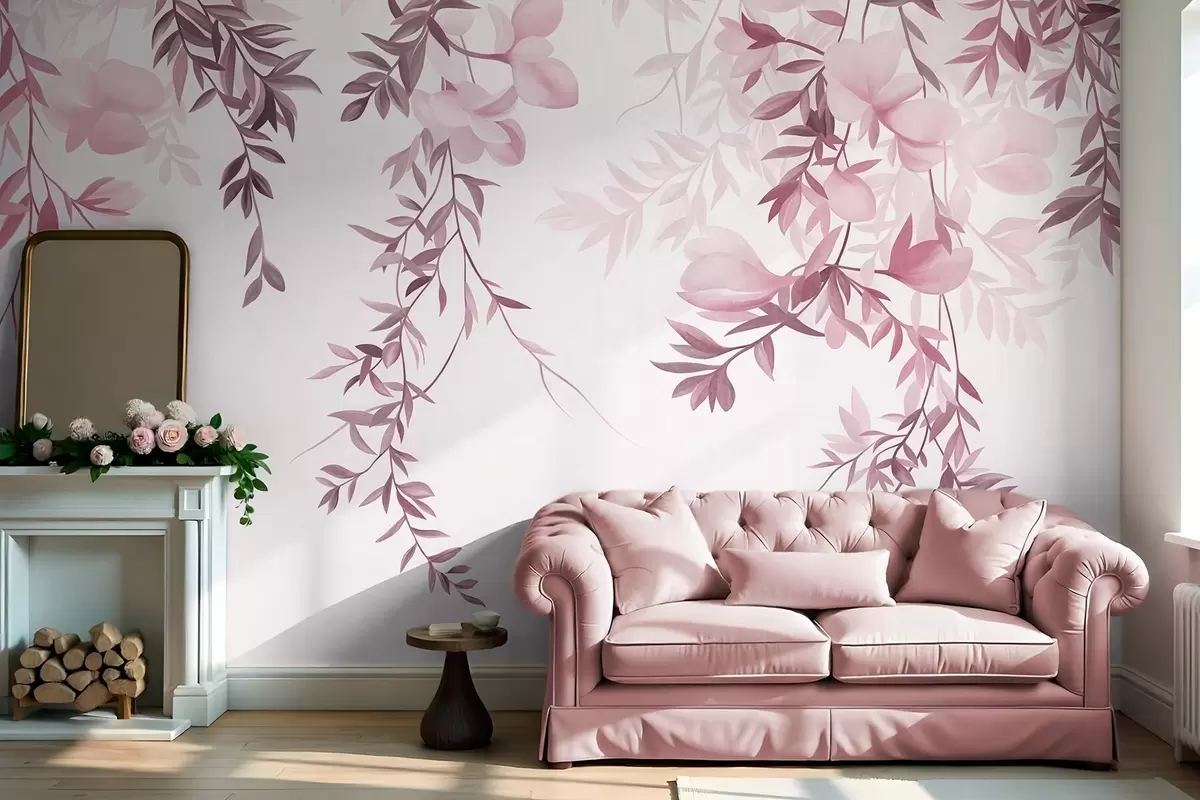 Fotobehang Hangende wilgentakken en zacht bloeiende bloemen in gedempte roze tinten w10081v1