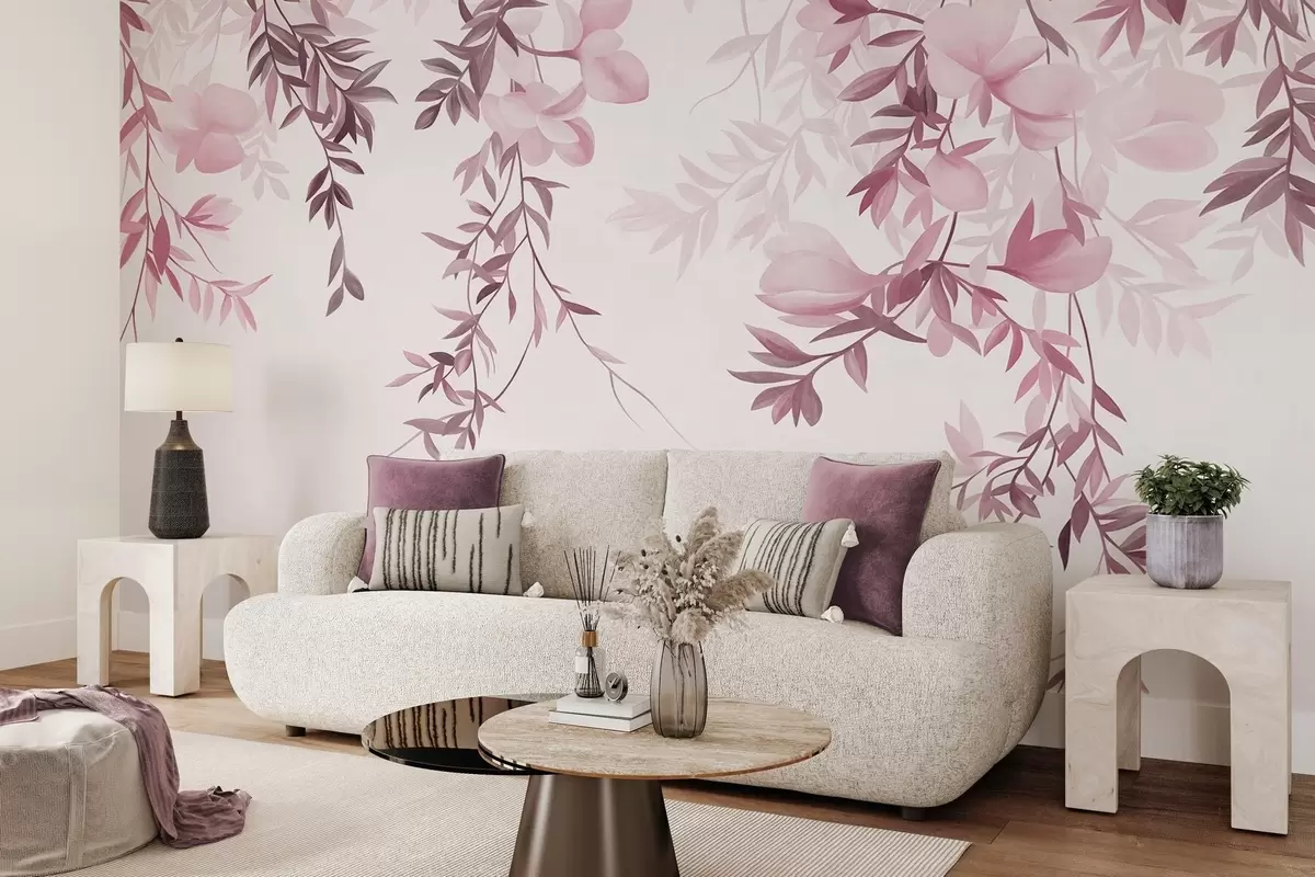 Fotobehang Hangende wilgentakken en zacht bloeiende bloemen in gedempte roze tinten w10081v1
