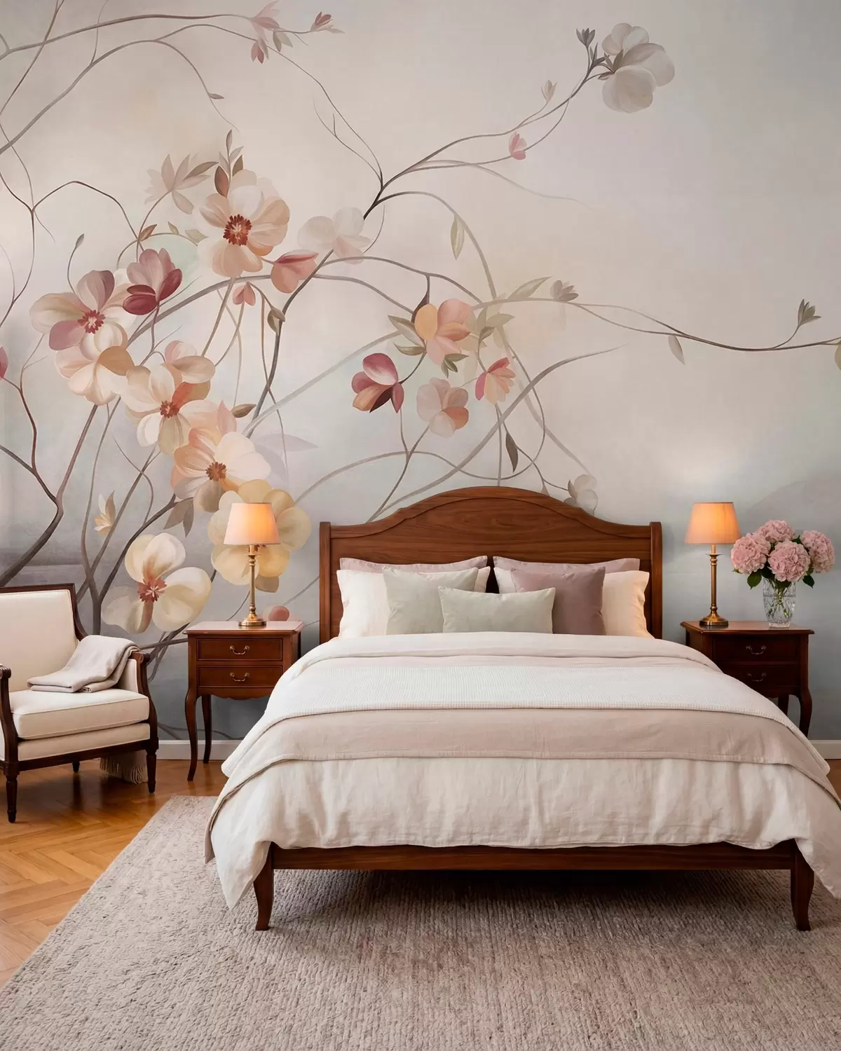 Fotobehang Kronkelende klimplanten met delicate perzikkleurige en crèmekleurige bloemen w10083