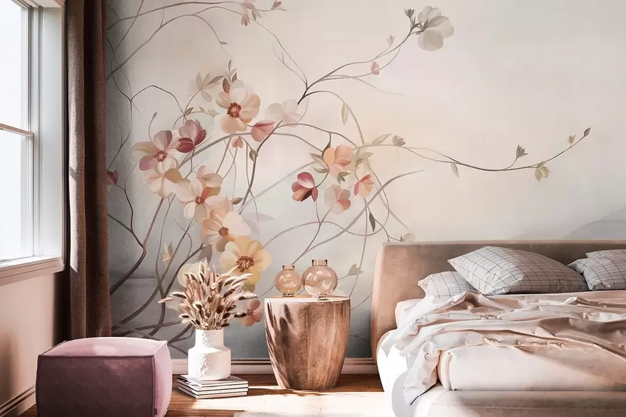 Fotobehang Kronkelende klimplanten met delicate perzikkleurige en crèmekleurige bloemen w10083