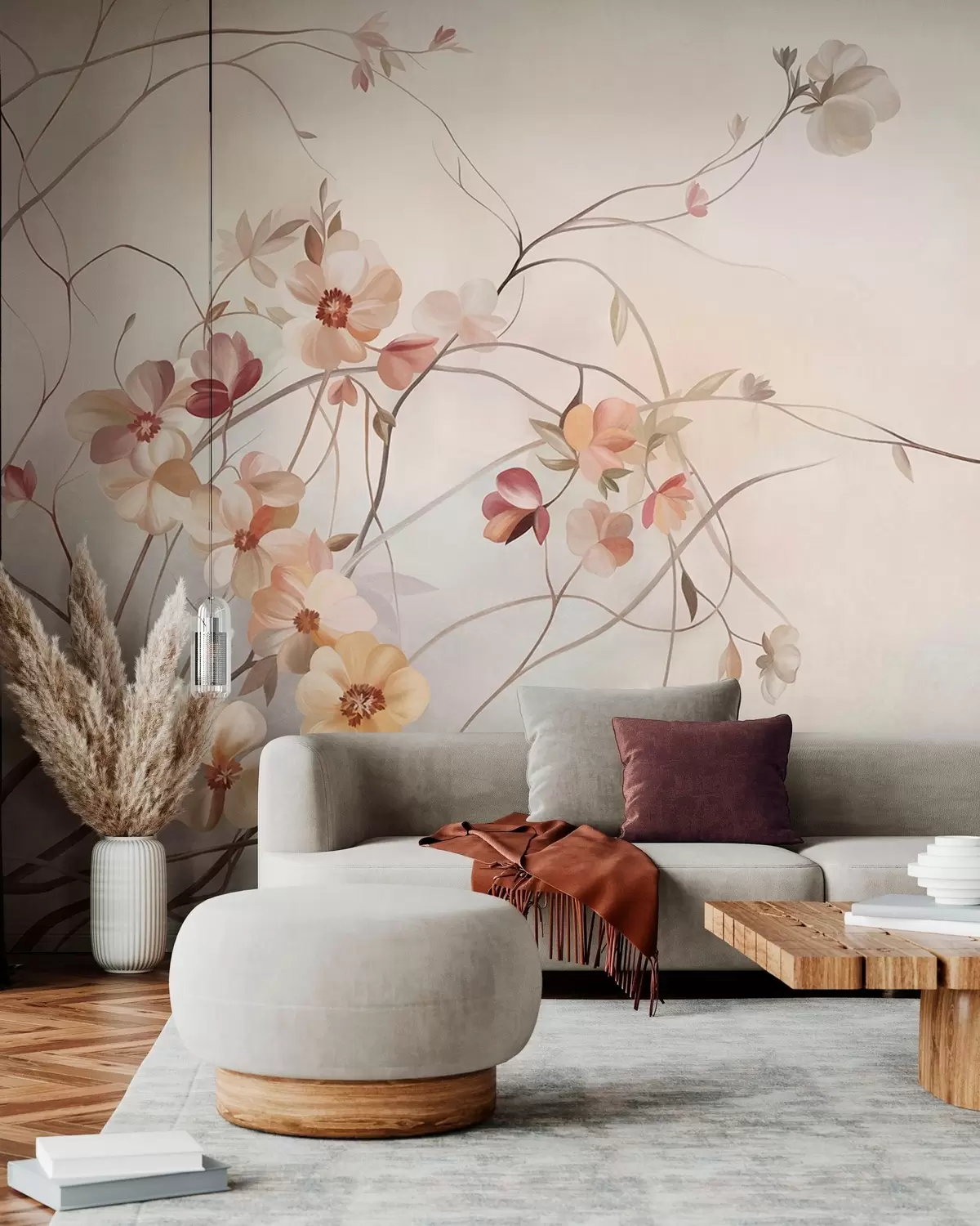 Fotobehang Kronkelende klimplanten met delicate perzikkleurige en crèmekleurige bloemen w10083