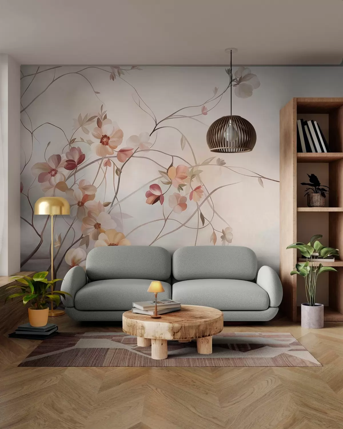 Fotobehang Kronkelende klimplanten met delicate perzikkleurige en crèmekleurige bloemen w10083