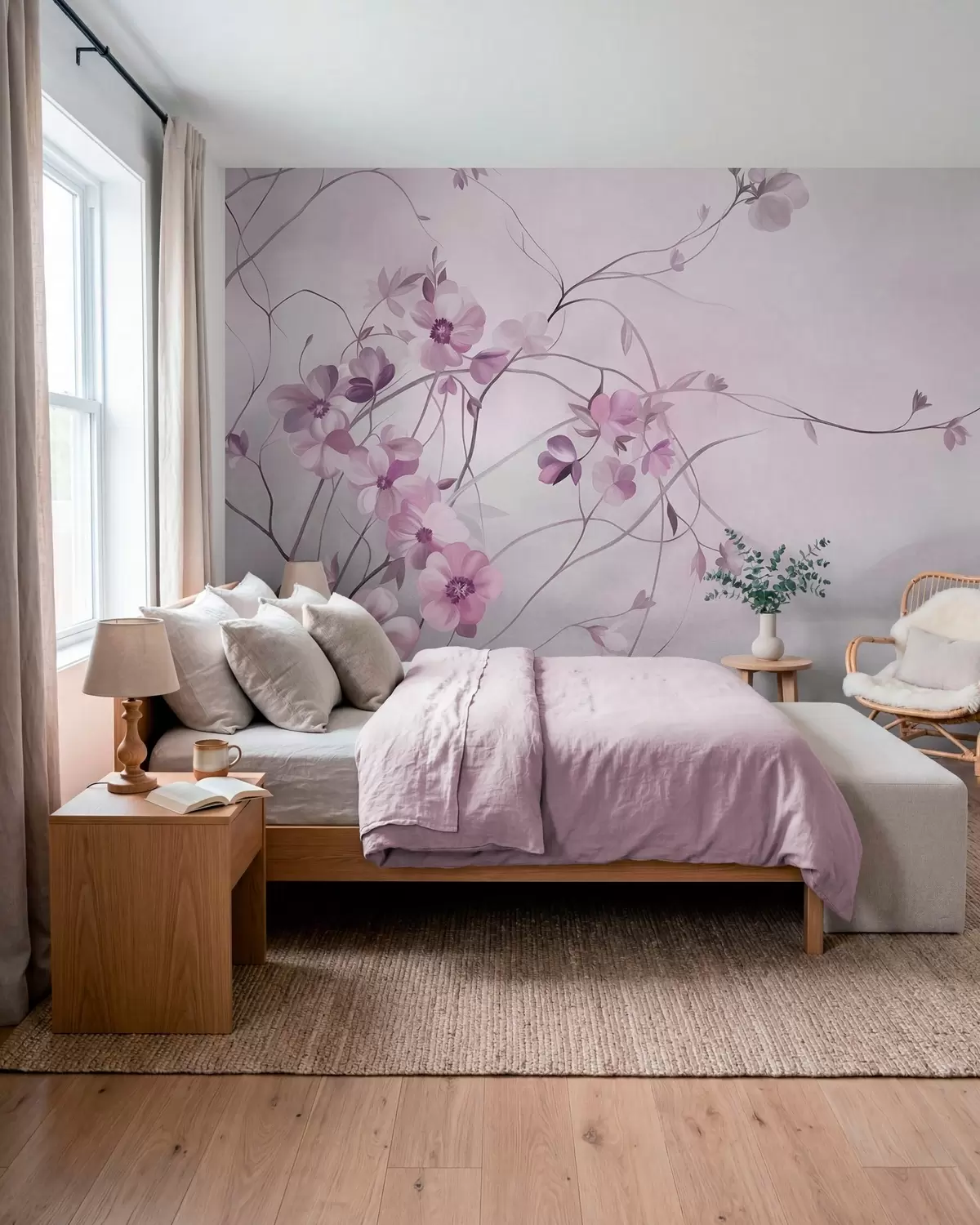 Fotobehang Kronkelende klimplanten met delicate, zachtroze bloemen w10083v1