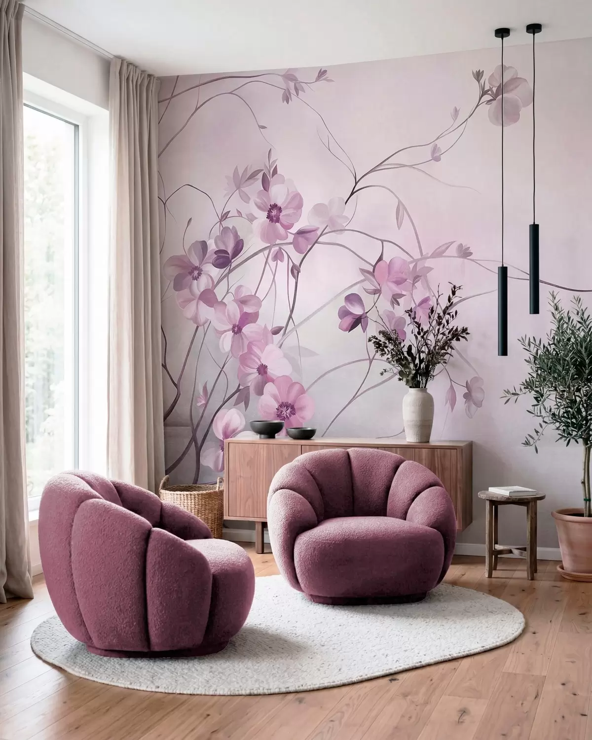 Fotobehang Kronkelende klimplanten met delicate, zachtroze bloemen w10083v1