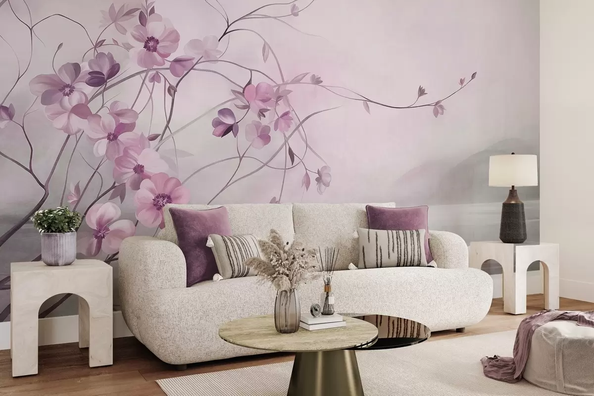 Fotobehang Kronkelende klimplanten met delicate, zachtroze bloemen w10083v1