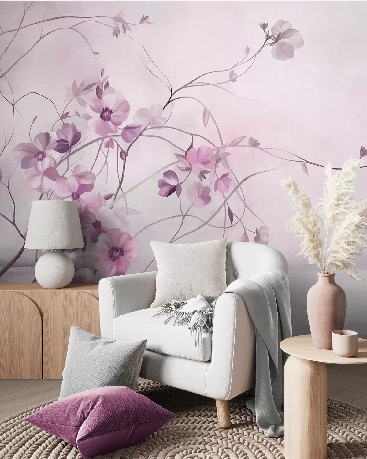 Fotobehang Kronkelende klimplanten met delicate, zachtroze bloemen w10083v1