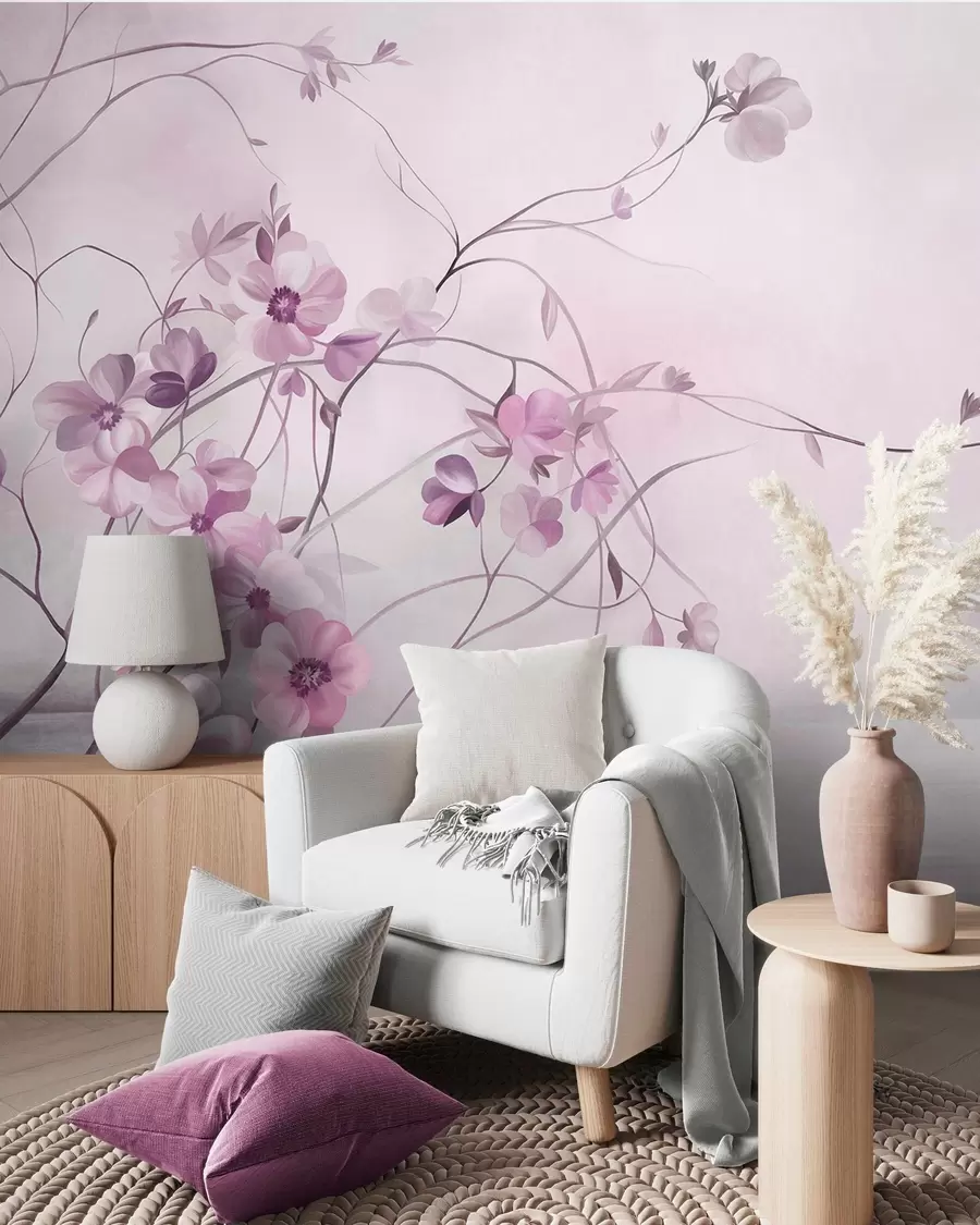 Fotobehang Kronkelende klimplanten met delicate, zachtroze bloemen w10083v1