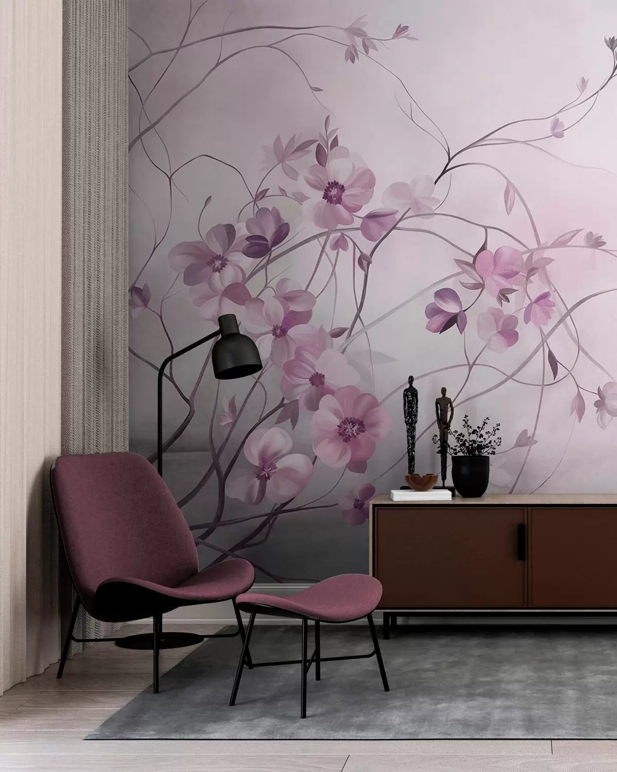 Fotobehang Kronkelende klimplanten met delicate, zachtroze bloemen w10083v1