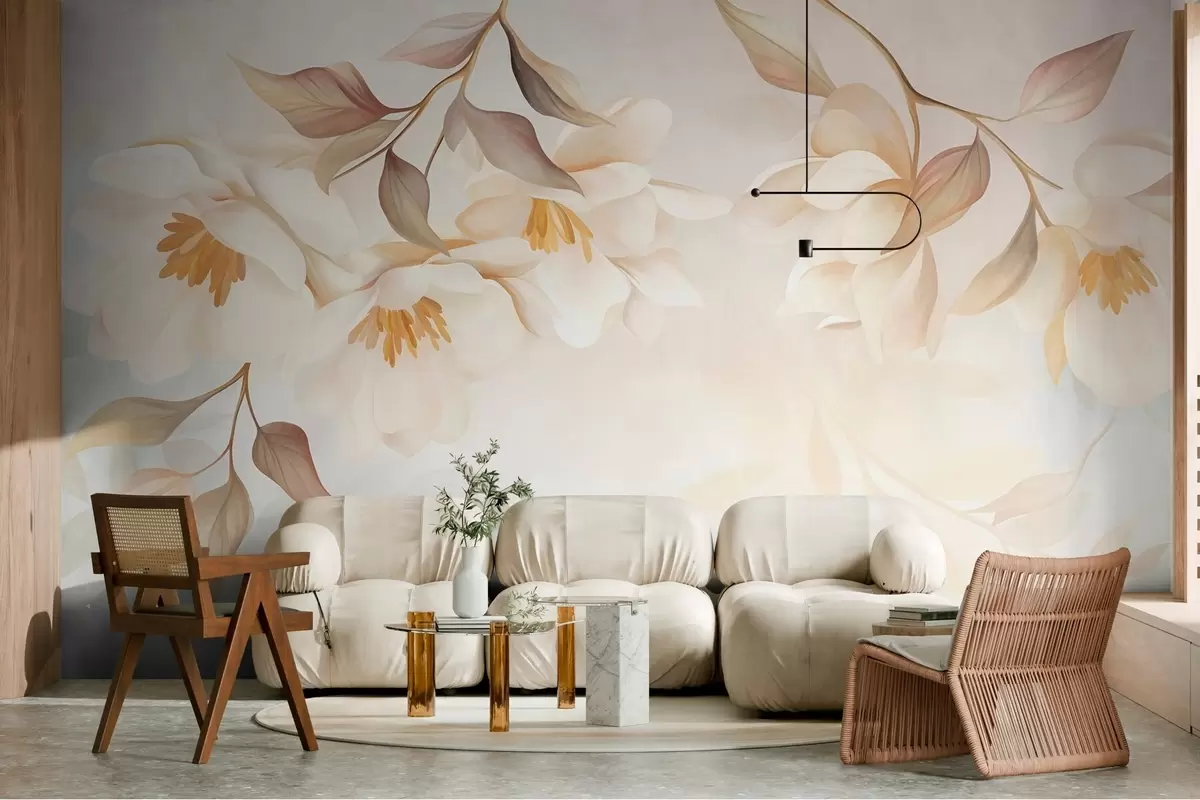 Fotobehang Magnoliabloesems met fijne bruine blaadjes die aan de takken hangen w10086