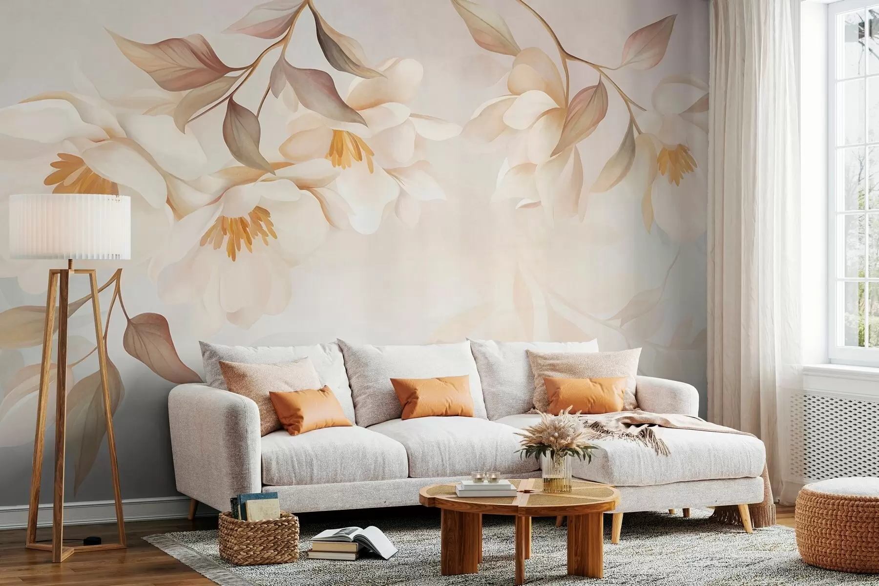 Fotobehang Magnoliabloesems met fijne bruine blaadjes die aan de takken hangen w10086