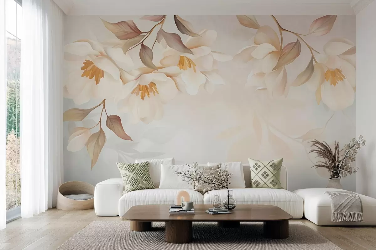 Fotobehang Magnoliabloesems met fijne bruine blaadjes die aan de takken hangen w10086